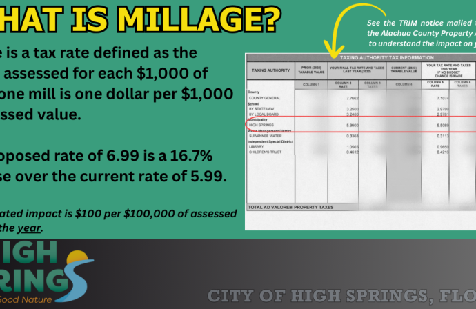 image explaining what a millage rate is. Millage is a tax rate defined as the dollars assessed for each $1,000 of value; one mil